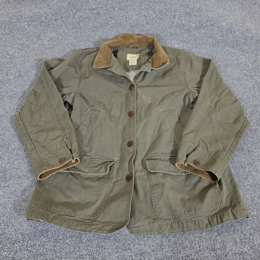 90s LL Bean Womens Large Olive Green Flannel Lined Cotton Barn Jacket Field Coat